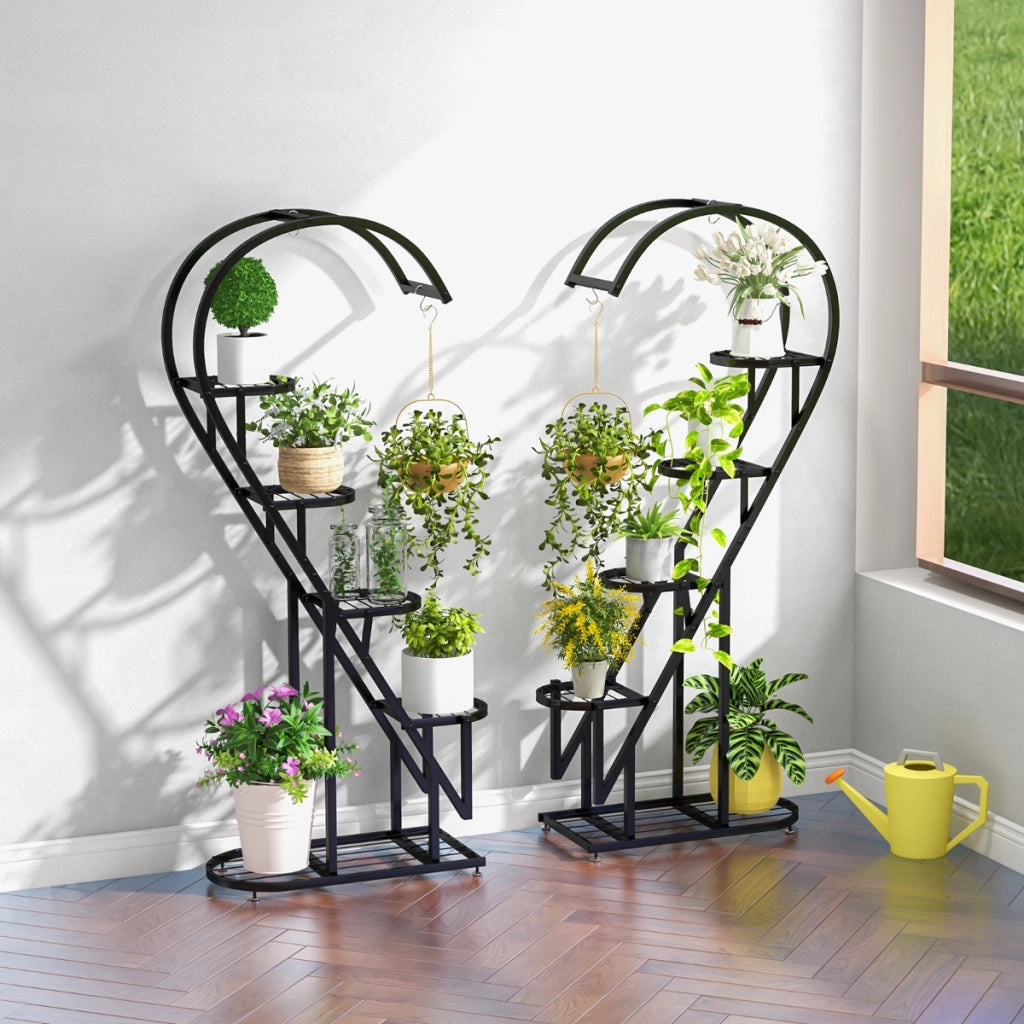 Set di 2 Scaffali per piante in metallo a 5 livelli, Porta piante a forma di cuore con gancio per soggiorno Nero-Scaffali per piante