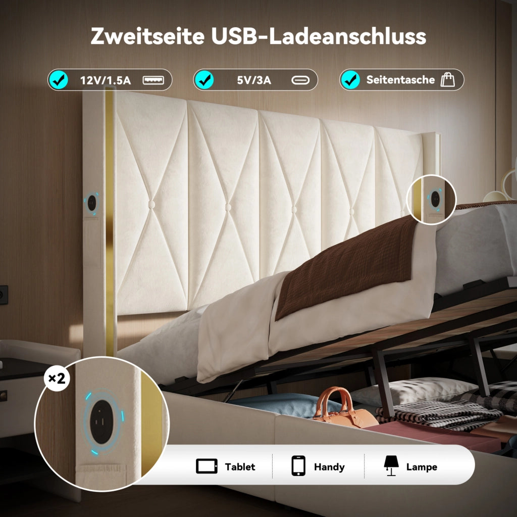 Letto matrimoniale 180x200 in velluto con LED, USB e vano contenitore