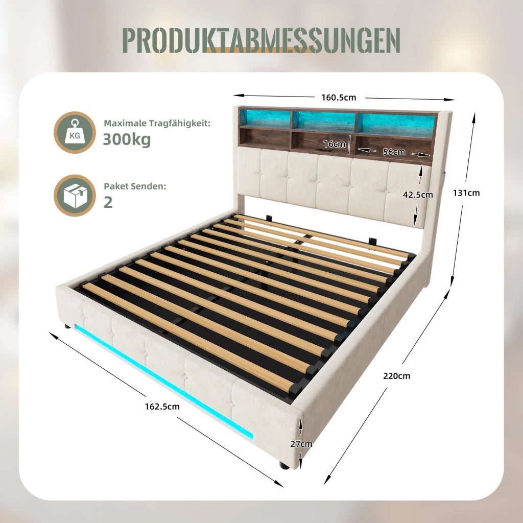 Letto imbottito 160x200 cm idraulico con LED USB colore beige in metallo e velluto