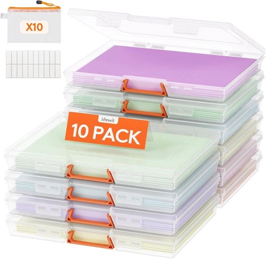 Decenne di archiviazione in plastica con coperchio e maniglia, organizzatore A4 portatile, tasche supplementari con chiusura a righello, etichette adesive, scatole di cartone per archiviazione/kits di attrezzi/puzzle/cartelle/ufficio