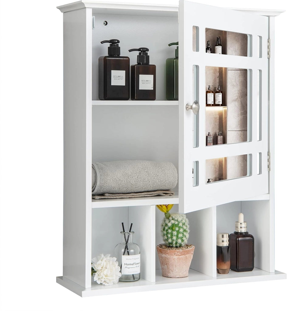 Mobiletto Bagno con Specchio in Legno, Armadio Farmacia da Muro, Armadietto da Parete per Bagno, 50 x 16 x 61 cm (Bianco)