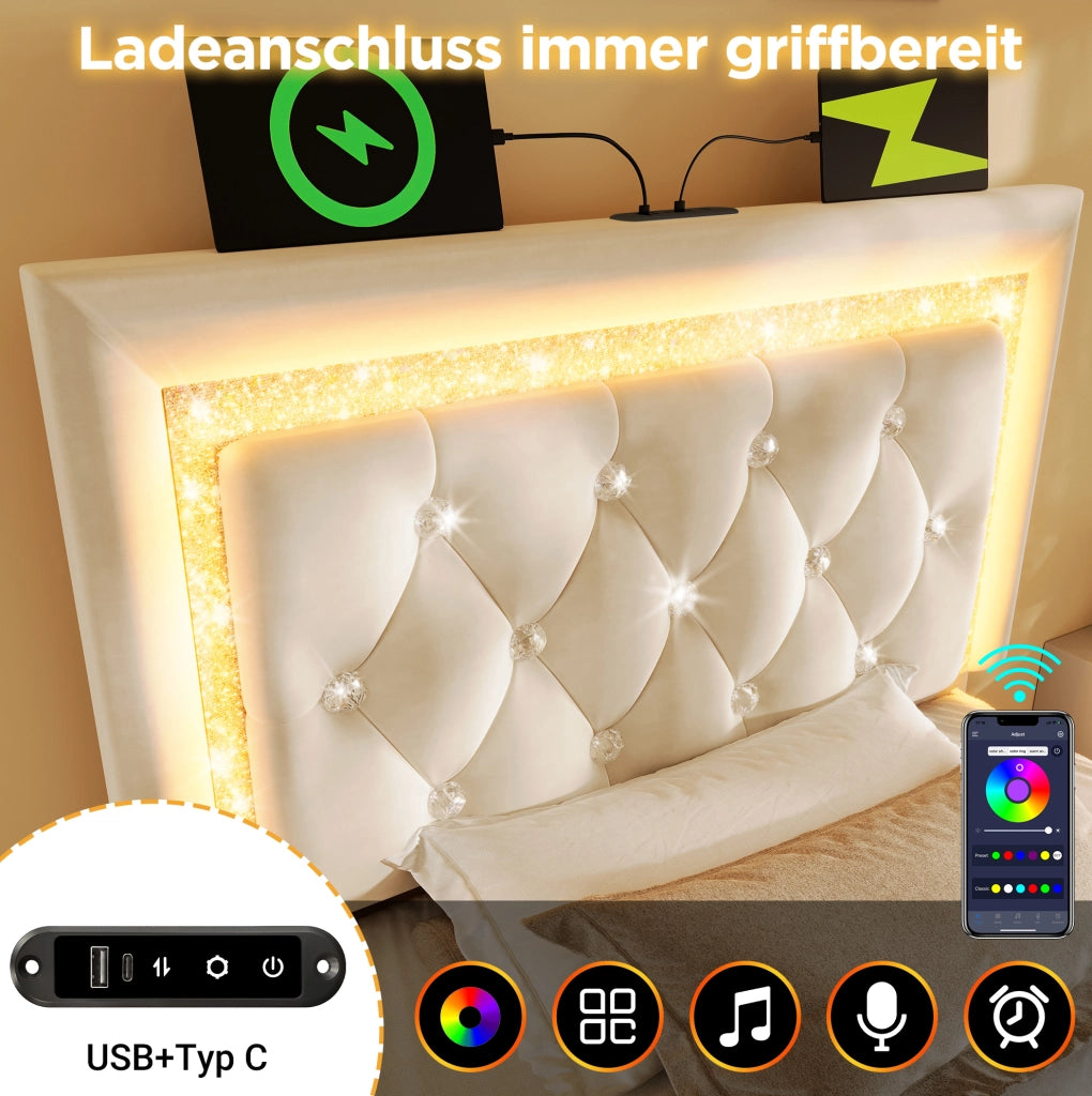 Letto imbottito 90x200 cm beige con LED, USB-C e contenitore