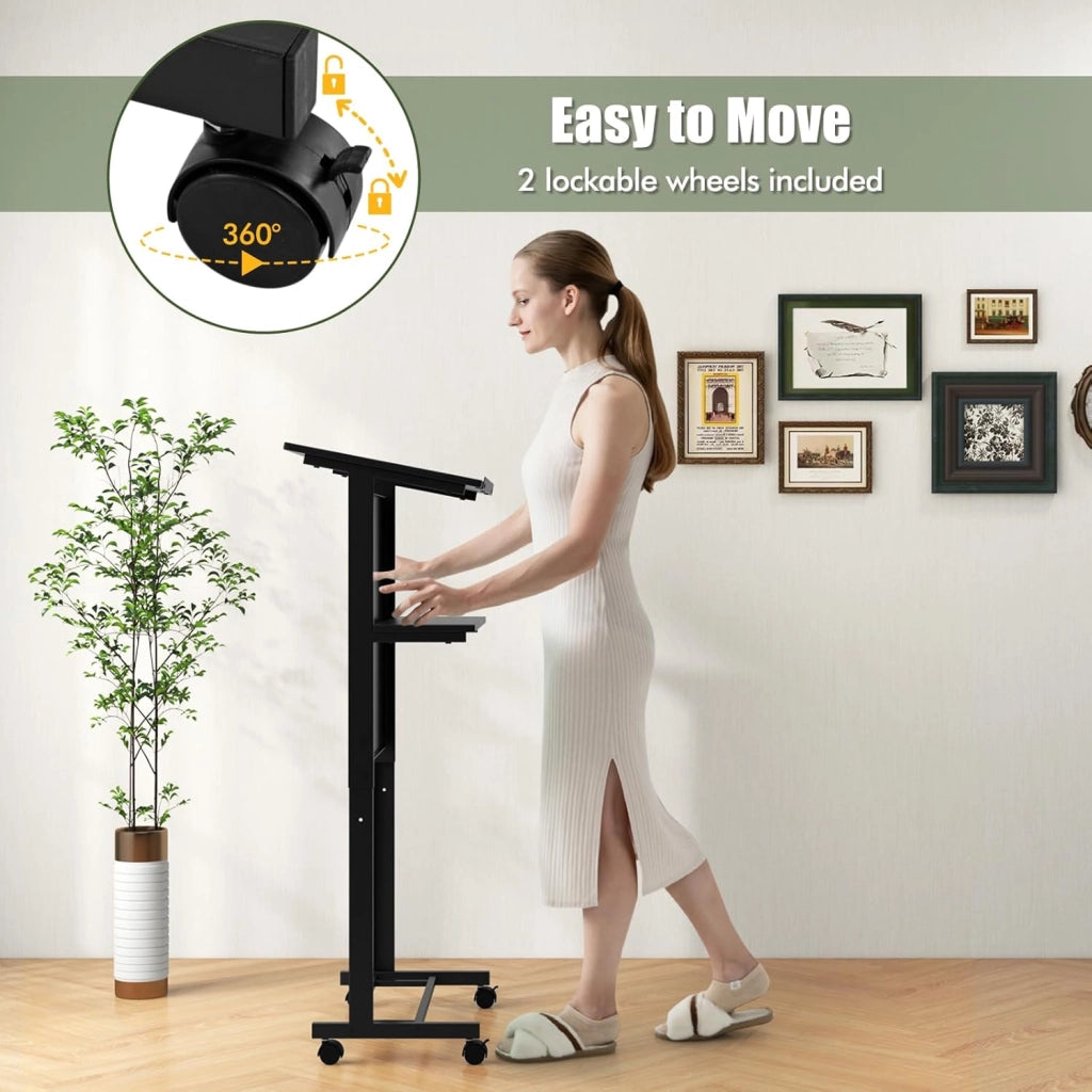 Leggio con rotelle per computer portatile con regolazione in altezza e ripiani, per aule, discorsi, nero, 60 x 39,5 x 122,5/115,5/108,5 cm