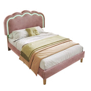Letto imbottito 90x200 cm; testiera LED regolabile; velluto rosa (Senza materasso)