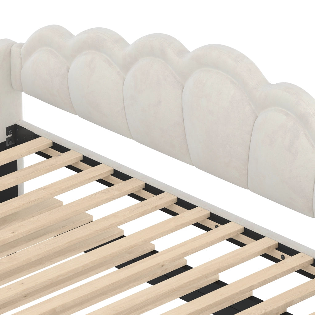 Divano letto estraibile con letto a scomparsa e striscia LED multicolore, testiera ondulata in velluto e MDF beige