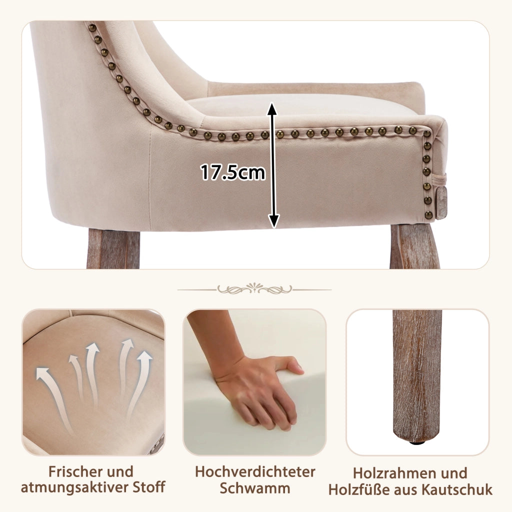 Sedia da pranzo imbottita in velluto beige con struttura in legno massello; 61x50x91 cm