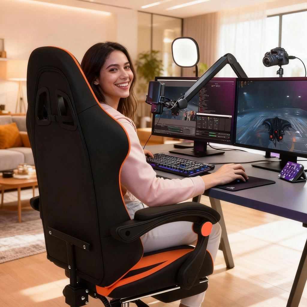 Clutch - Sedia da Gaming Ergonomica con Cuscino Lombare Poggiatesta e Poggiapiedi in PVC Nera e Rossa