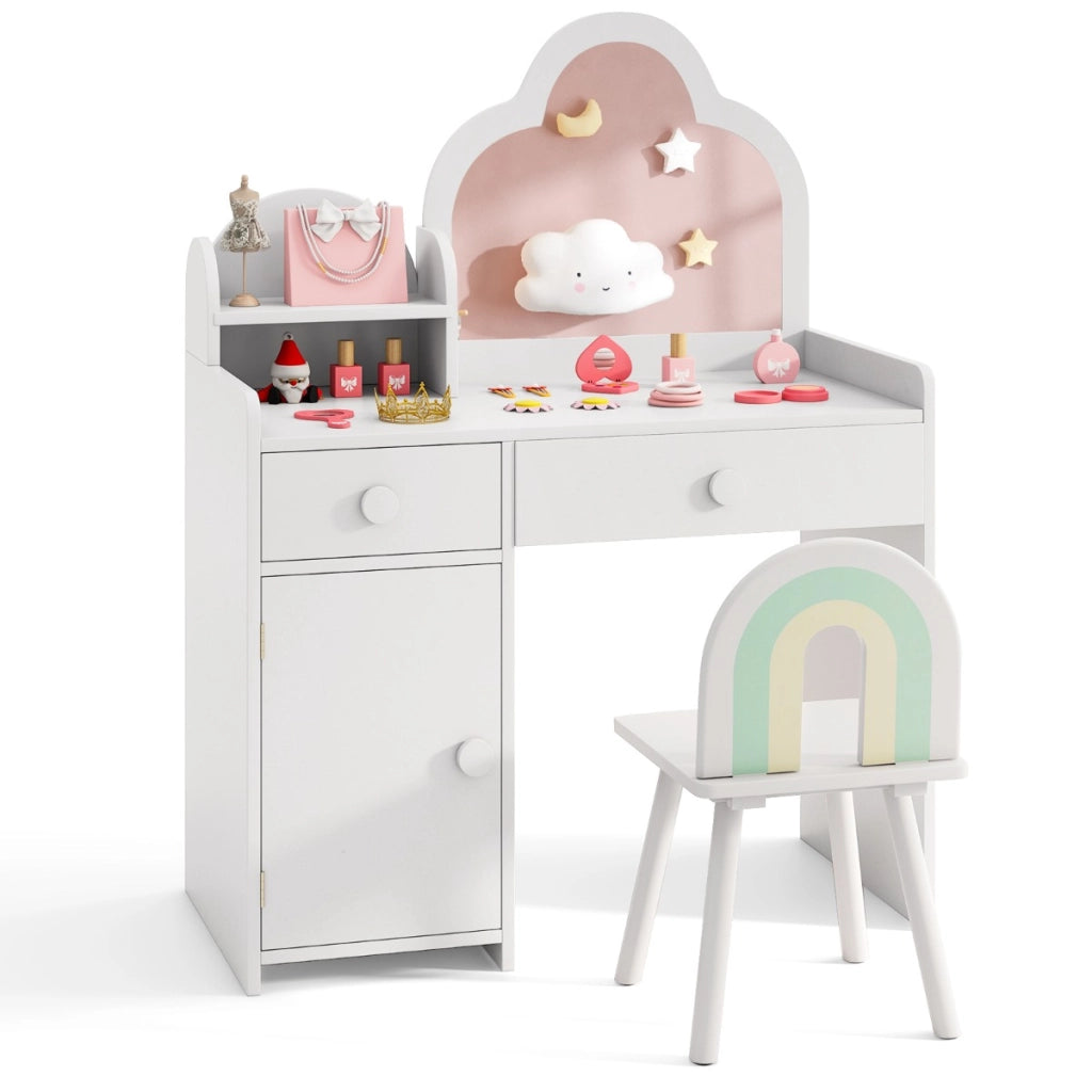 Set toeletta per bambini in legno massello-Tavolo da trucco per ragazze con specchio a forma di nuvola Bianco