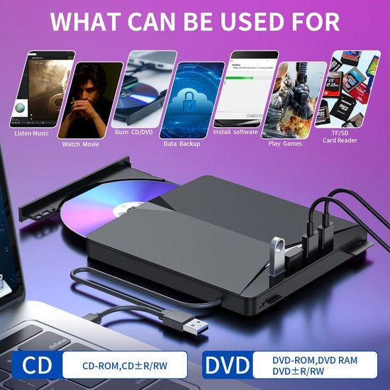 Dischi ottici portatili 7 in 1 lettore CD/DVD con bruciatore USB 3.0 compatibile con Windows 11/10/8/7, Linux, Mac OS