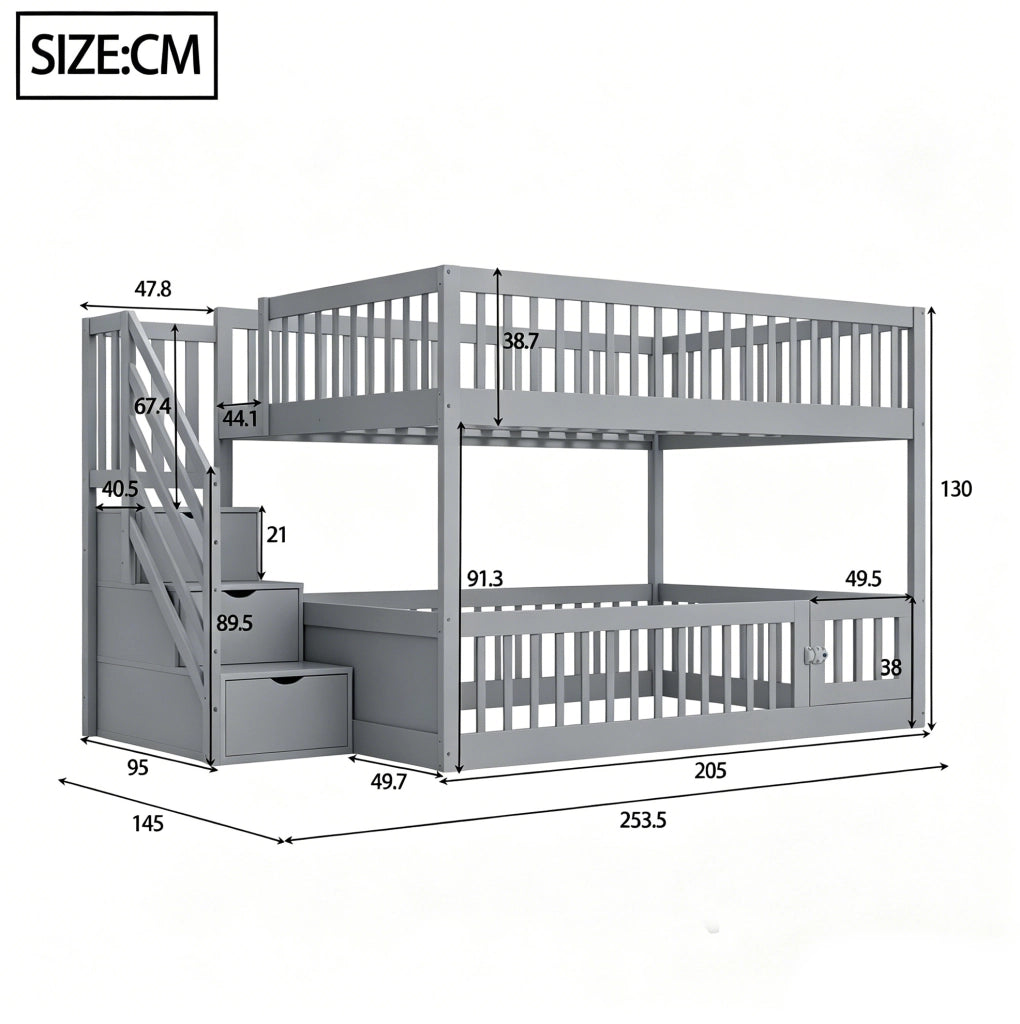 Letto a castello 140x200 cm con scala contenitore e letto inferiore apribile in legno grigio