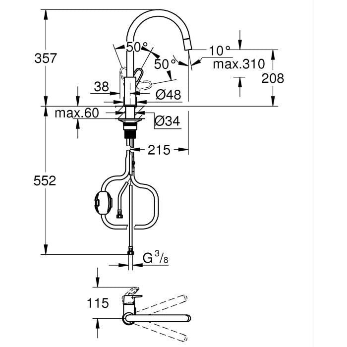 Rubinetto cucina - Cromo - Bocca alta a C - Aeratore estraibile - Rotazione 360 - Limitatore di portata - GROHE Start Flow - 30569000