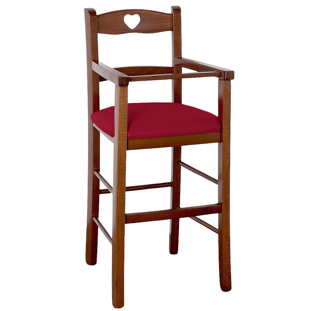 Seggiolone in legno color noce scuro con seduta imbottita in similpelle rosso