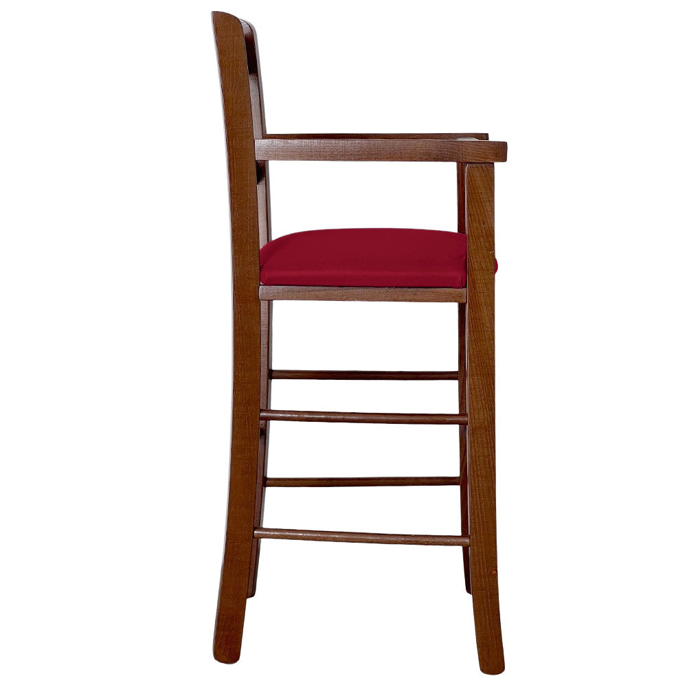 Seggiolone in legno color noce scuro con seduta imbottita in similpelle rosso