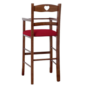 Seggiolone in legno color noce scuro con seduta imbottita in similpelle rosso