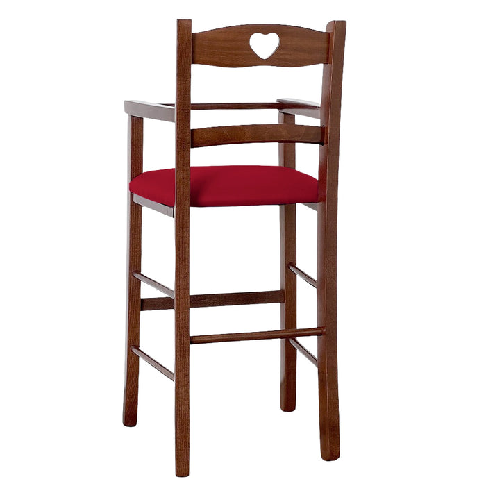 Seggiolone in legno color noce scuro con seduta imbottita in similpelle rosso