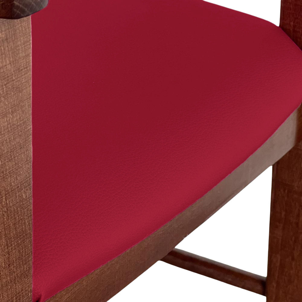 Seggiolone in legno color noce scuro con seduta imbottita in similpelle rosso