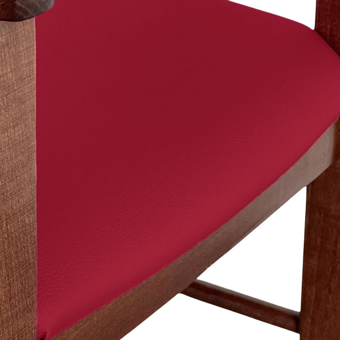 Seggiolone in legno color noce scuro con seduta imbottita in similpelle rosso