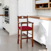 Seggiolone in legno color noce scuro con seduta imbottita in similpelle rosso