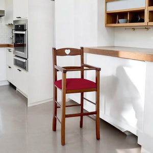 Seggiolone in legno color noce scuro con seduta imbottita in similpelle rosso