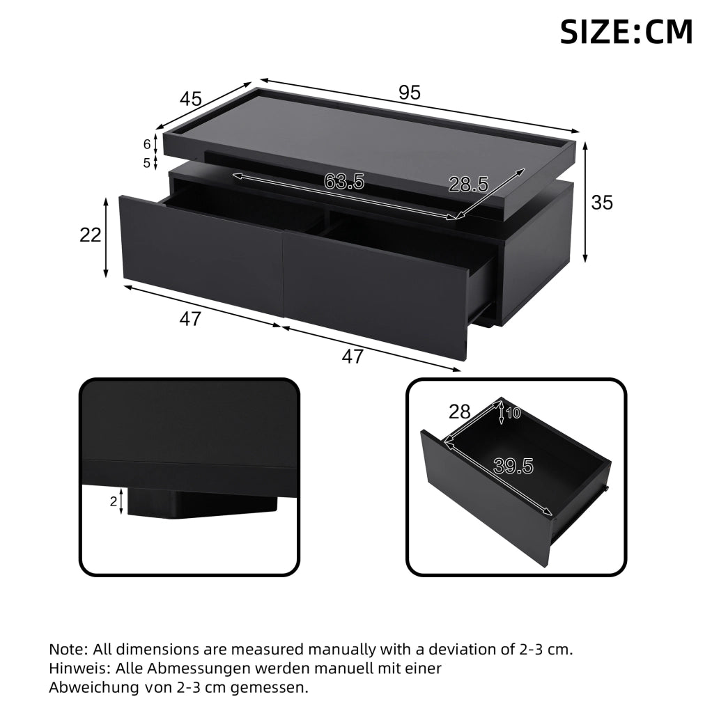 Tavolino da salotto nero lucido con LED e 2 cassetti
