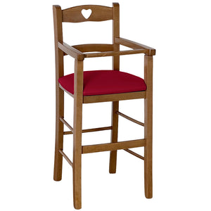 Seggiolone in legno color noce chiaro con seduta imbottita in similpelle rosso