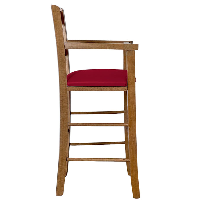 Seggiolone in legno color noce chiaro con seduta imbottita in similpelle rosso