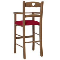 Seggiolone in legno color noce chiaro con seduta imbottita in similpelle rosso