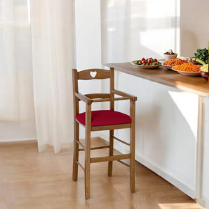 Seggiolone in legno color noce chiaro con seduta imbottita in similpelle rosso