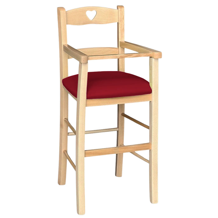 Seggiolone in legno color naturale con seduta imbottita in similpelle rosso