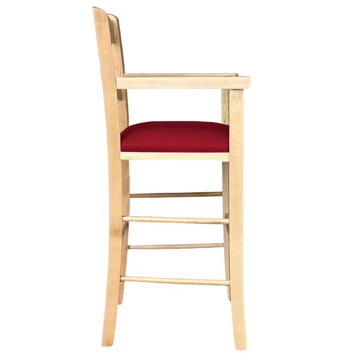 Seggiolone in legno color naturale con seduta imbottita in similpelle rosso