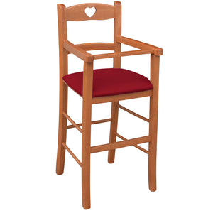 Seggiolone in legno color ciliegio con seduta imbottita in similpelle rosso