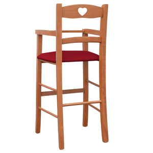 Seggiolone in legno color ciliegio con seduta imbottita in similpelle rosso