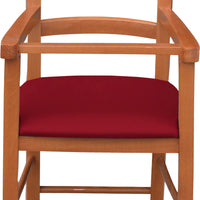 Seggiolone in legno color ciliegio con seduta imbottita in similpelle rosso