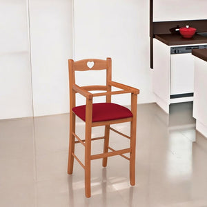 Seggiolone in legno color ciliegio con seduta imbottita in similpelle rosso
