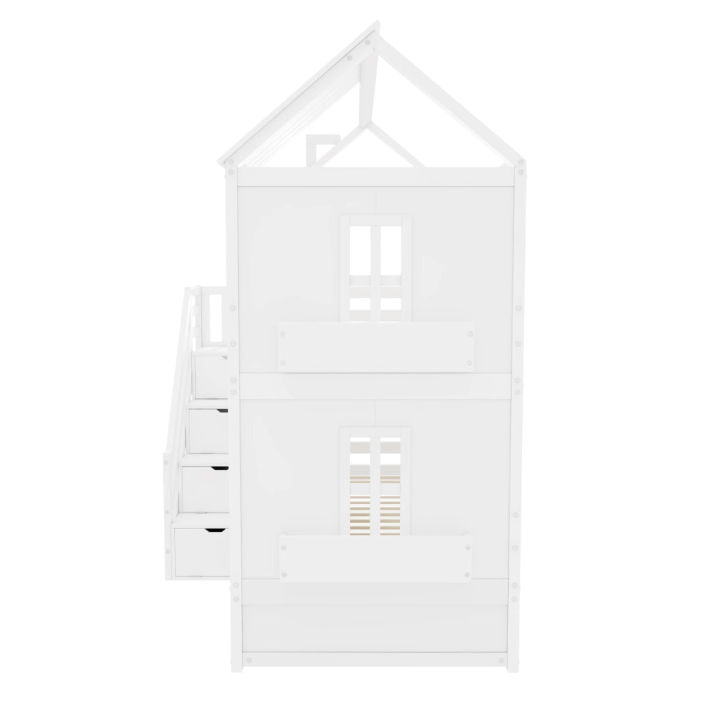 DESMIU Letto a castello per bambini 90 × 200 cm con scala contenitore, cassetti e ripiani, senza materasso, bianco