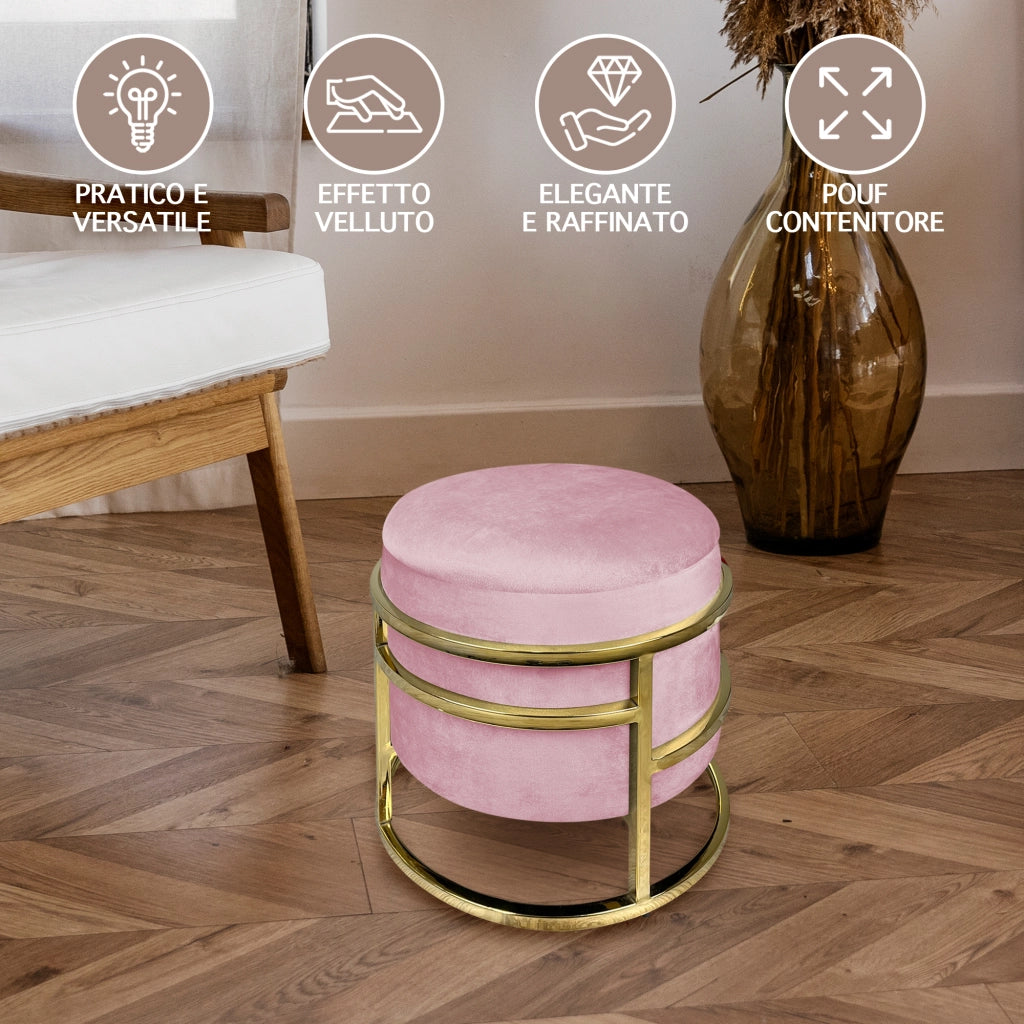 Pouf Contenitore Poggiapiedi Velluto Con Struttura Circolare Cromata Oro Elegante Imbottito Sgabello Per Toeletta Mobile Trucco Ottomano Ingresso Camera Da Letto Rotondo - Rosa
