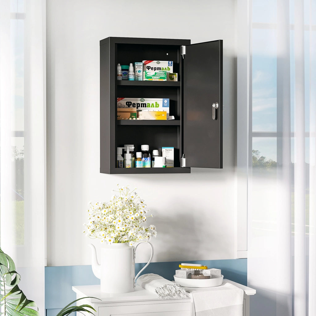 Armadietto Medicinali con 3 Ripiani e Chiave ¨C Zephmum ¨C 30x14x46cm, Nero