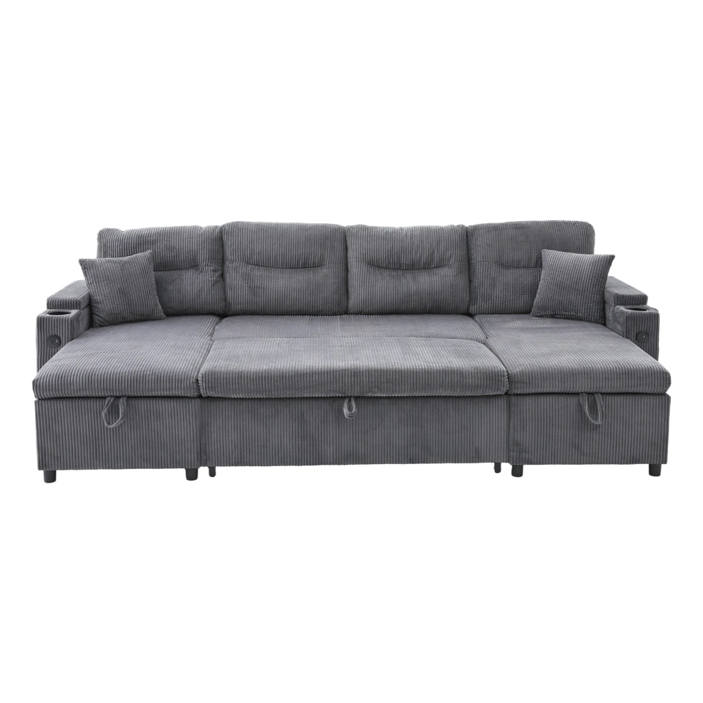 Divano a 4 posti in corduroy grigio carbone con doppia chaise longue, contenitore, USB-C e portabicchieri