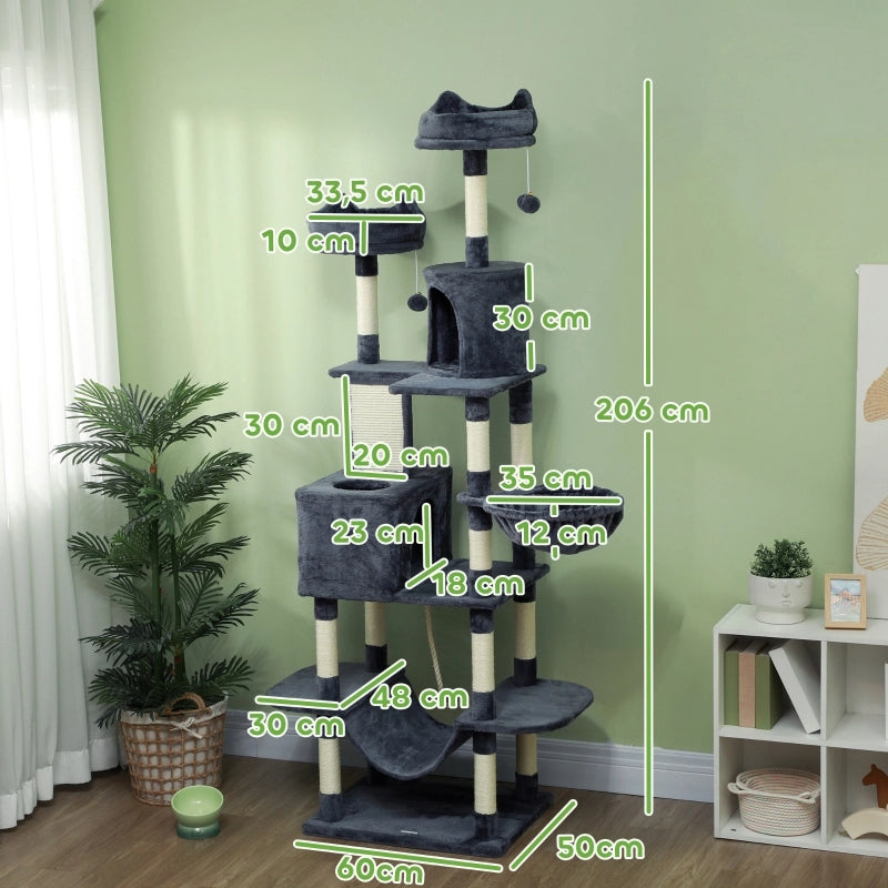 Albero tiragraffi per gatti 206 cm con 2 cucce, 2 amache, 2 palline gioco, paletti in sisal, grigio scuro