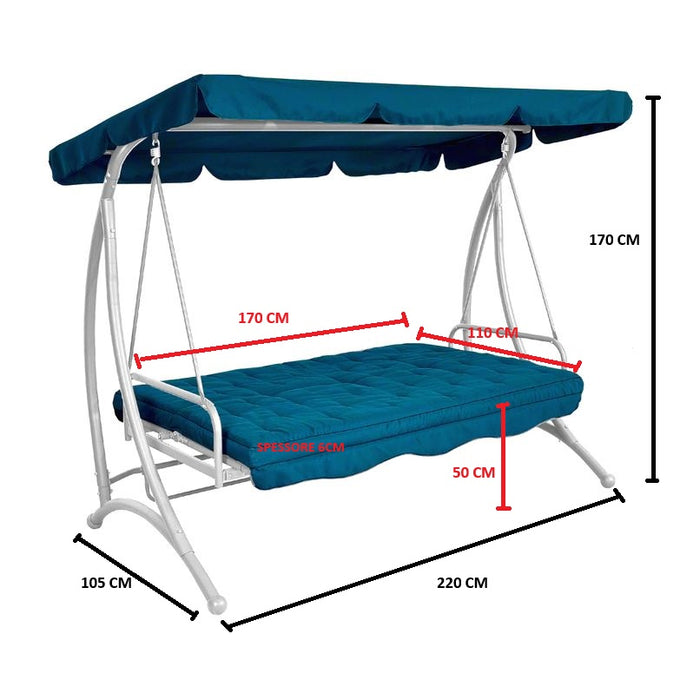 DONDOLO MALAGA 3 POSTI CM.220X105X170H. CUSCINI IN TESSUTO COLORE BLU E STRUTTURA IN METALLO VERNICIATO BIANCO