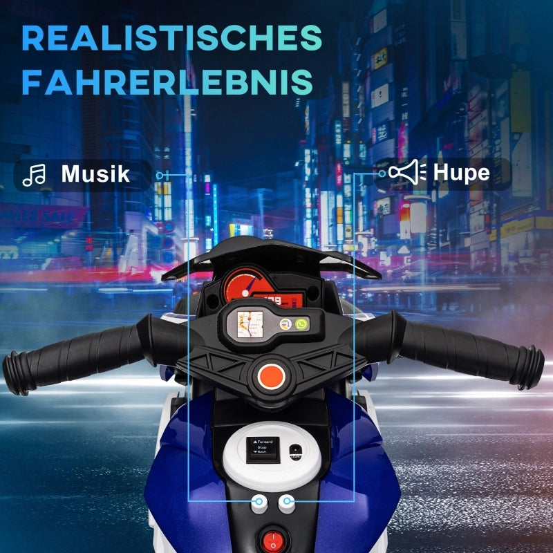 Motocicletta elettrica per bambini, con luci e suoni, 3 km/h, ricaricabile, in plastica e metallo, blu/bianca