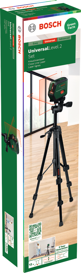 Bosch UniversalLevel 2 0603663F01 – Livella Laser a Croce con Autolivellamento, Raggio 12 m e Treppiede Incluso