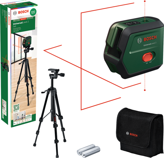 Bosch UniversalLevel 2 0603663F01 – Livella Laser a Croce con Autolivellamento, Raggio 12 m e Treppiede Incluso