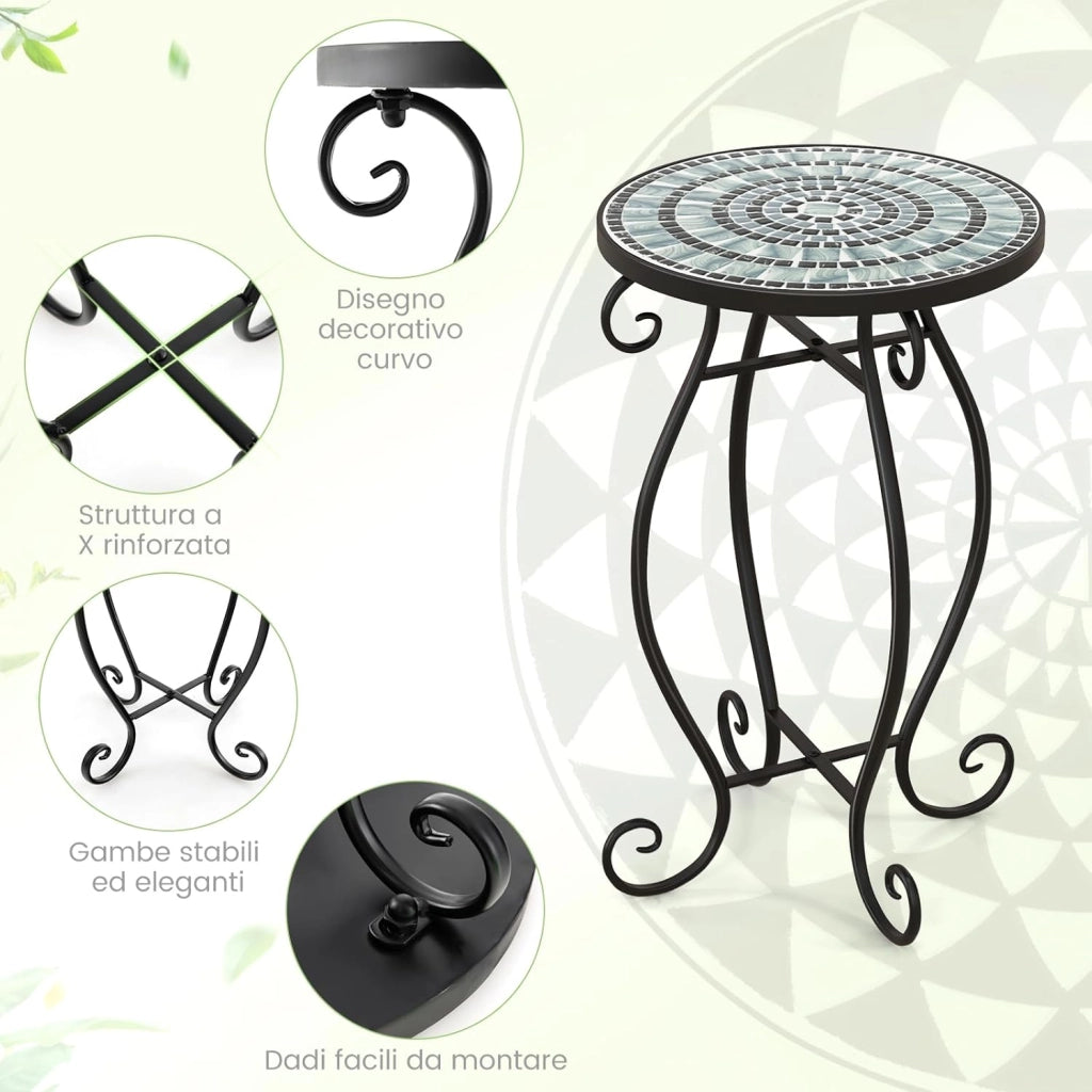 Tavolino da Esterno a Mosaico con Piano d'appoggio in Ceramica Resistente agli Agenti Atmosferici, Tavolino da Interno ed Esterno per Salotto, Balcone, Patio e Giardino (Nero e Grigio)