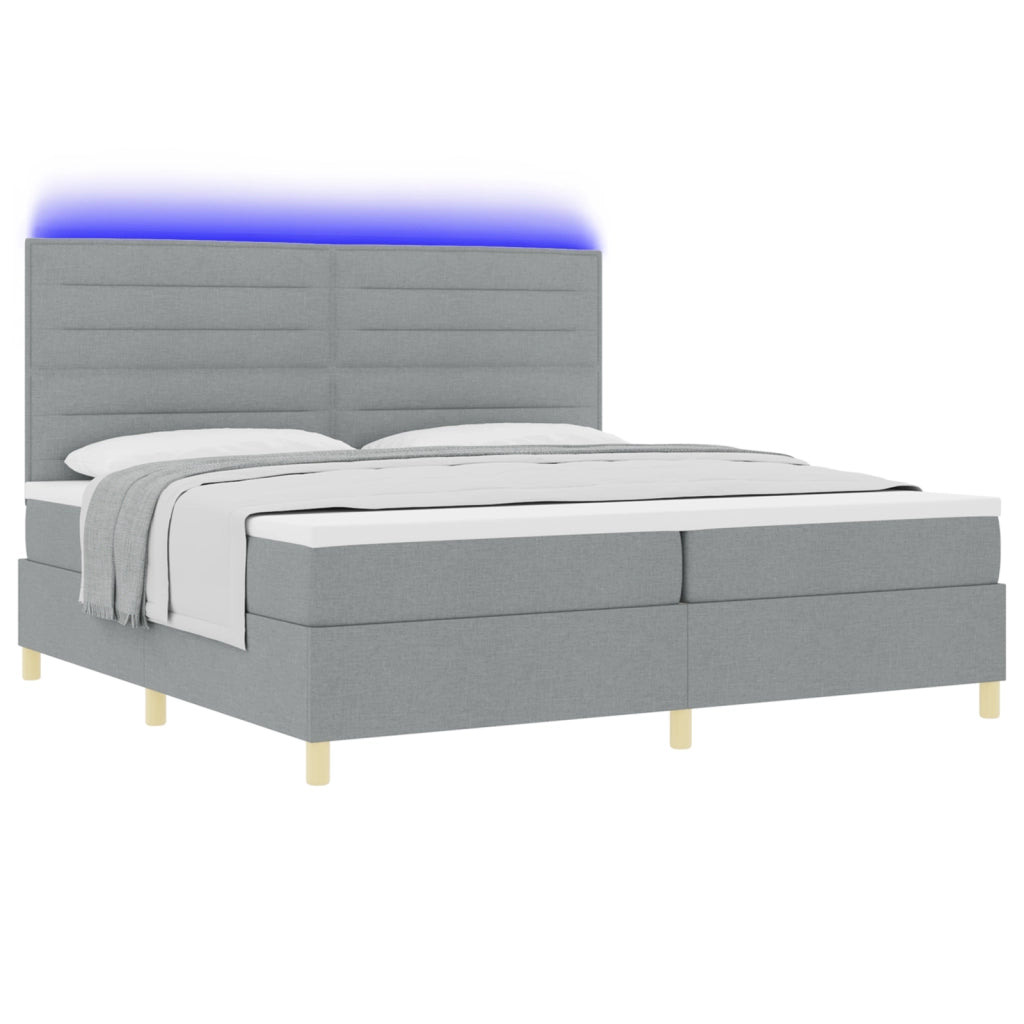 Letto con box spring e materasso con luce LED grigio chiaro 200x200 cm in tessuto