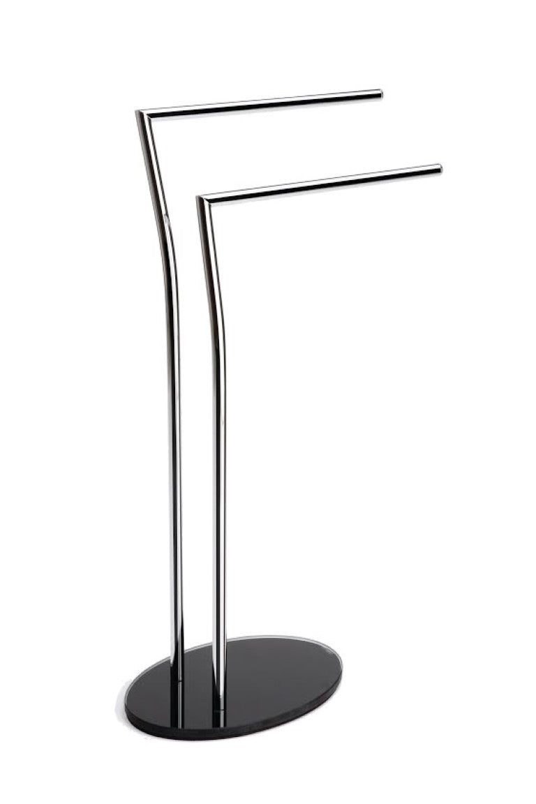 Piantana porta salviette in metallo cromato con base in vetro nera