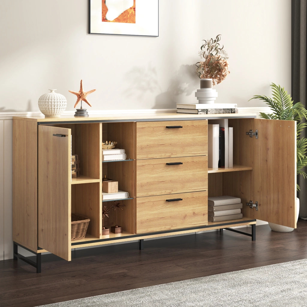 Credenza con 3 cassetti, ripiani regolabili e LED, per soggiorno, legno naturale e nero, 160 × 40 × 85 cm