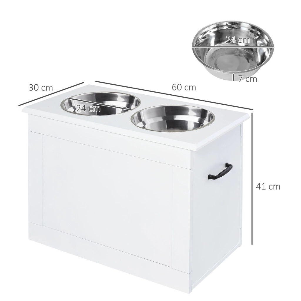 CIOTOLA RIALZATA PER CANI con 2 ciotole in acciaio, 60x30x41 cm, bianco