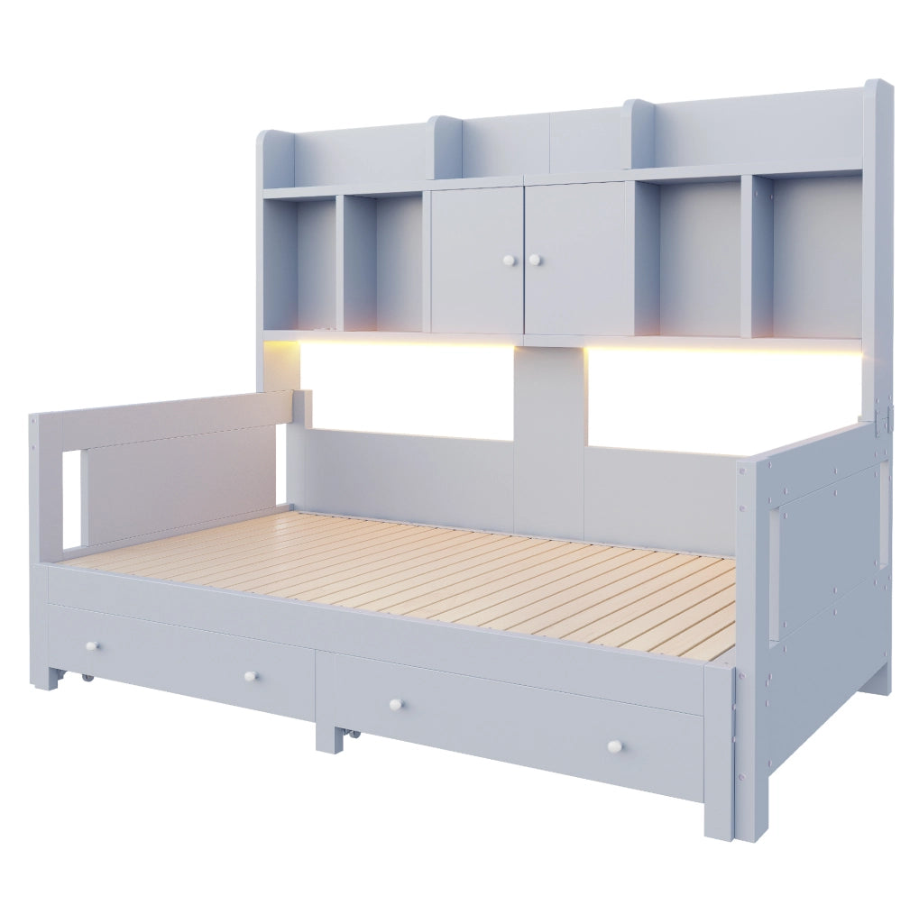 Divano letto estraibile 90x190 cm con cassetti e LED in legno grigio