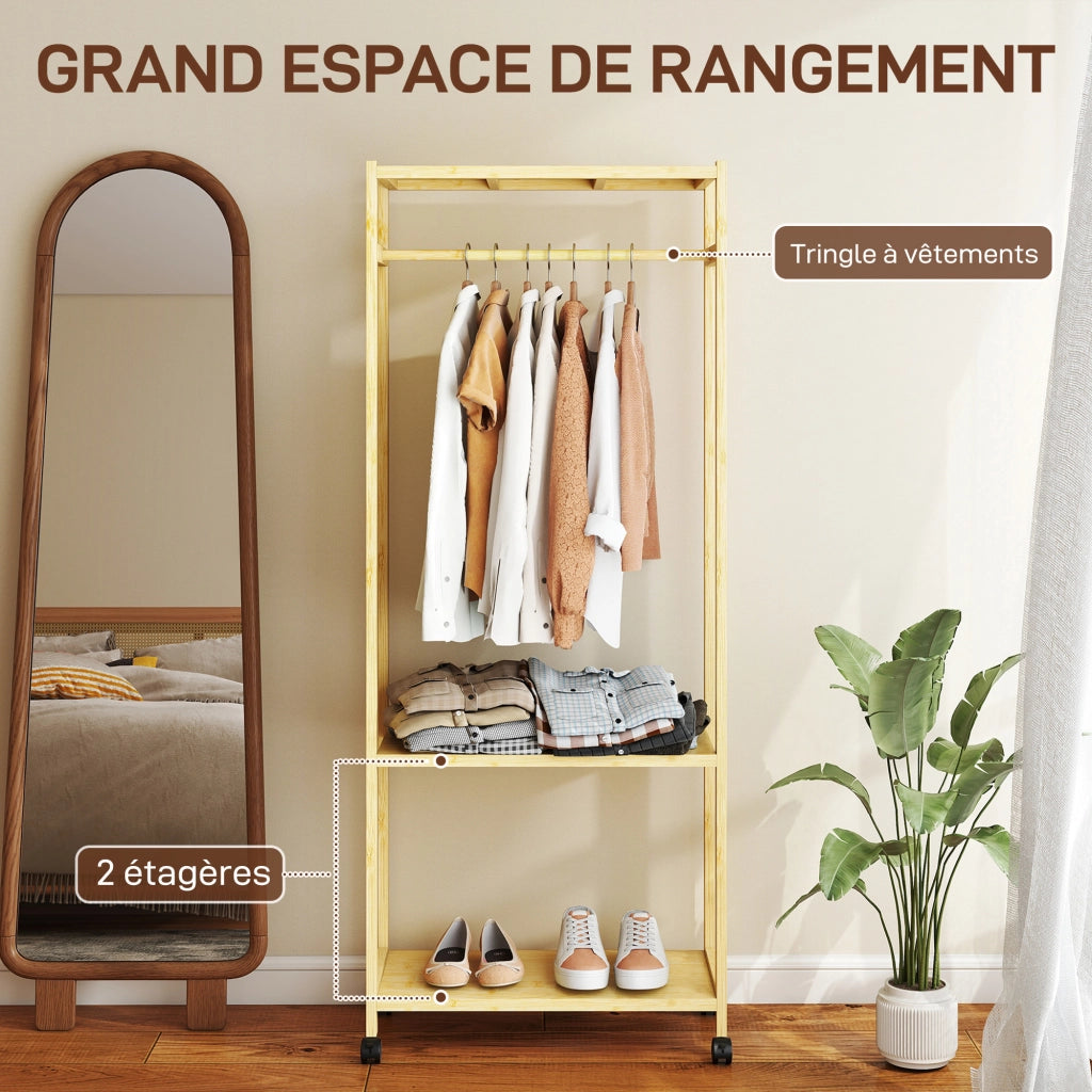 Appendiabiti con ruote e 2 ripiani ¨C zephmum ¨C 70x35x175cm, bamb¨´ naturale